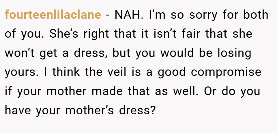 fourteenlilaclane − NAH. I’m so sorry for both of you. She’s right that it isn’t fair that she won’t get a dress, but you would be losing yours. I think the veil is a good compromise if your mother made that as well. Or do you have your mother’s dress?