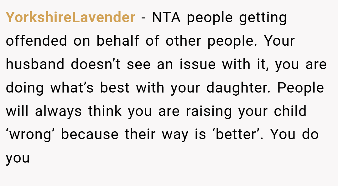 YorkshireLavender − NTA people getting offended on behalf of other people. Your husband doesn’t see an issue with it, you are doing what’s best with your daughter. People will always think you are raising your child ‘wrong’ because their way is ‘better’. You do you