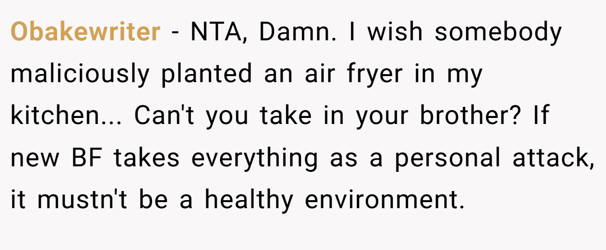 Obakewriter − NTA, Damn. I wish somebody maliciously planted an air fryer in my kitchen... Can't you take in your brother? If new BF takes everything as a personal attack, it mustn't be a healthy environment.