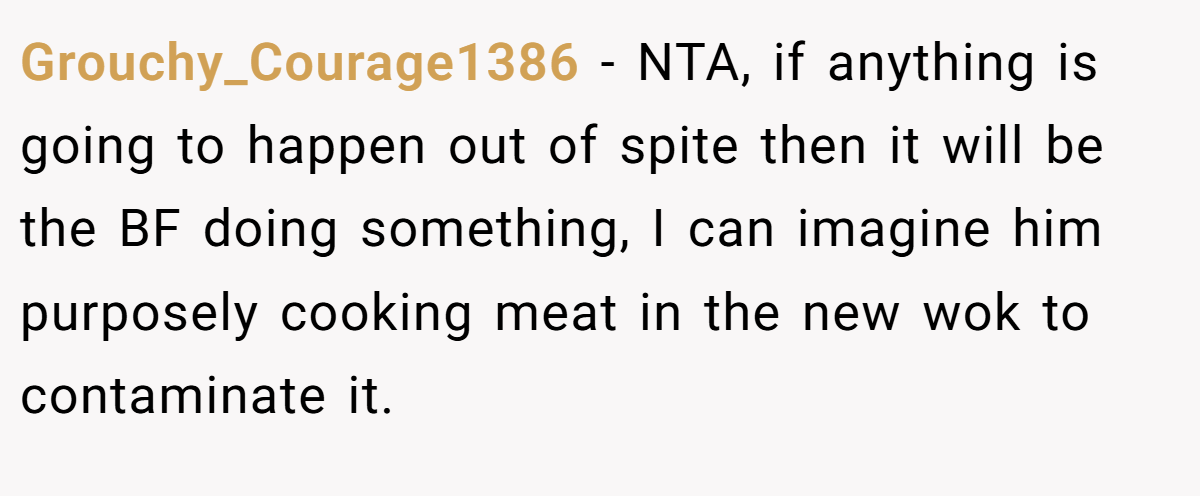 Grouchy_Courage1386 − NTA, if anything is going to happen out of spite then it will be the BF doing something, I can imagine him purposely cooking meat in the new wok to contaminate it.