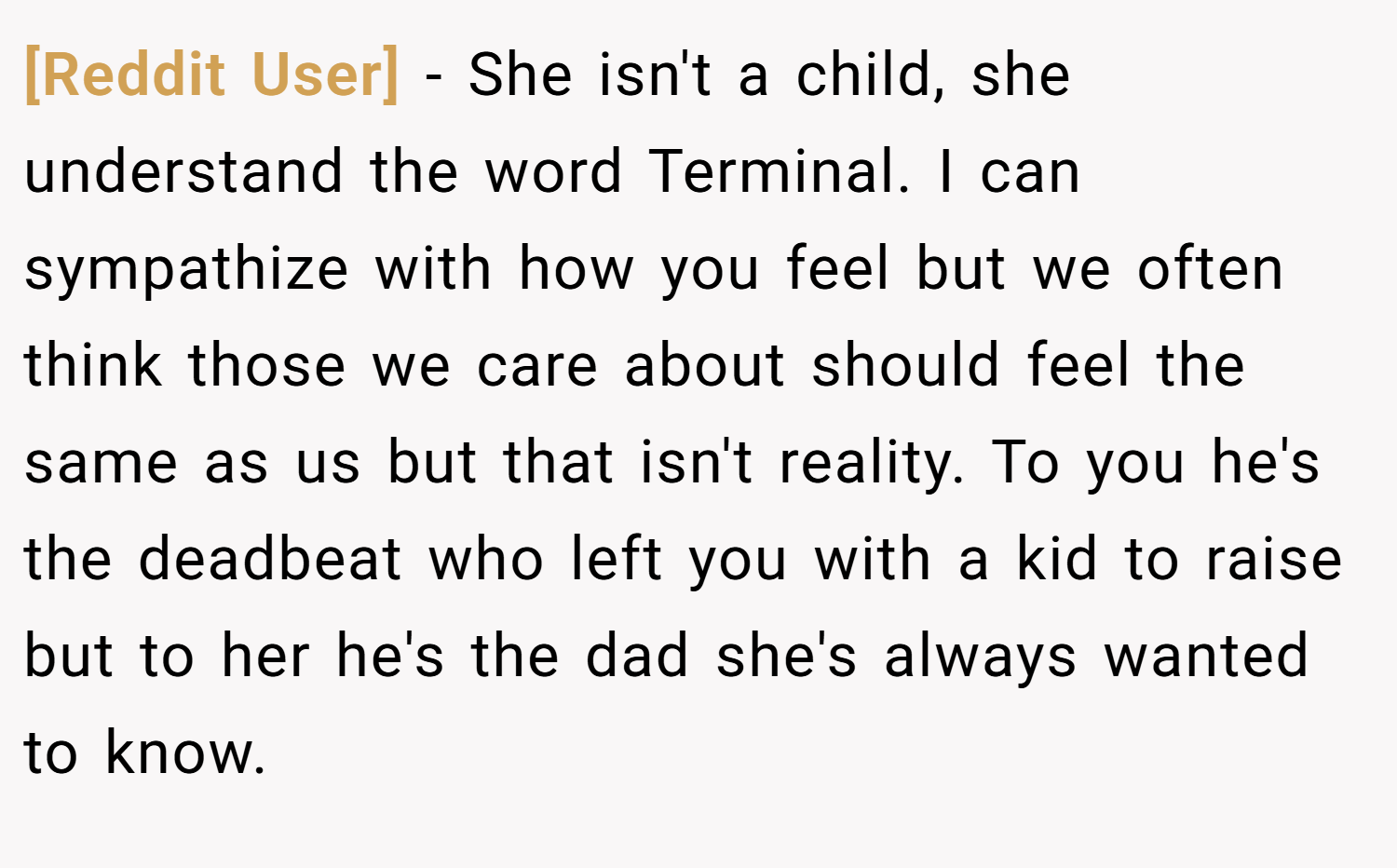 [Reddit User] − She isn't a child, she understand the word Terminal. I can sympathize with how you feel but we often think those we care about should feel the same as us but that isn't reality. To you he's the deadbeat who left you with a kid to raise but to her he's the dad she's always wanted to know.