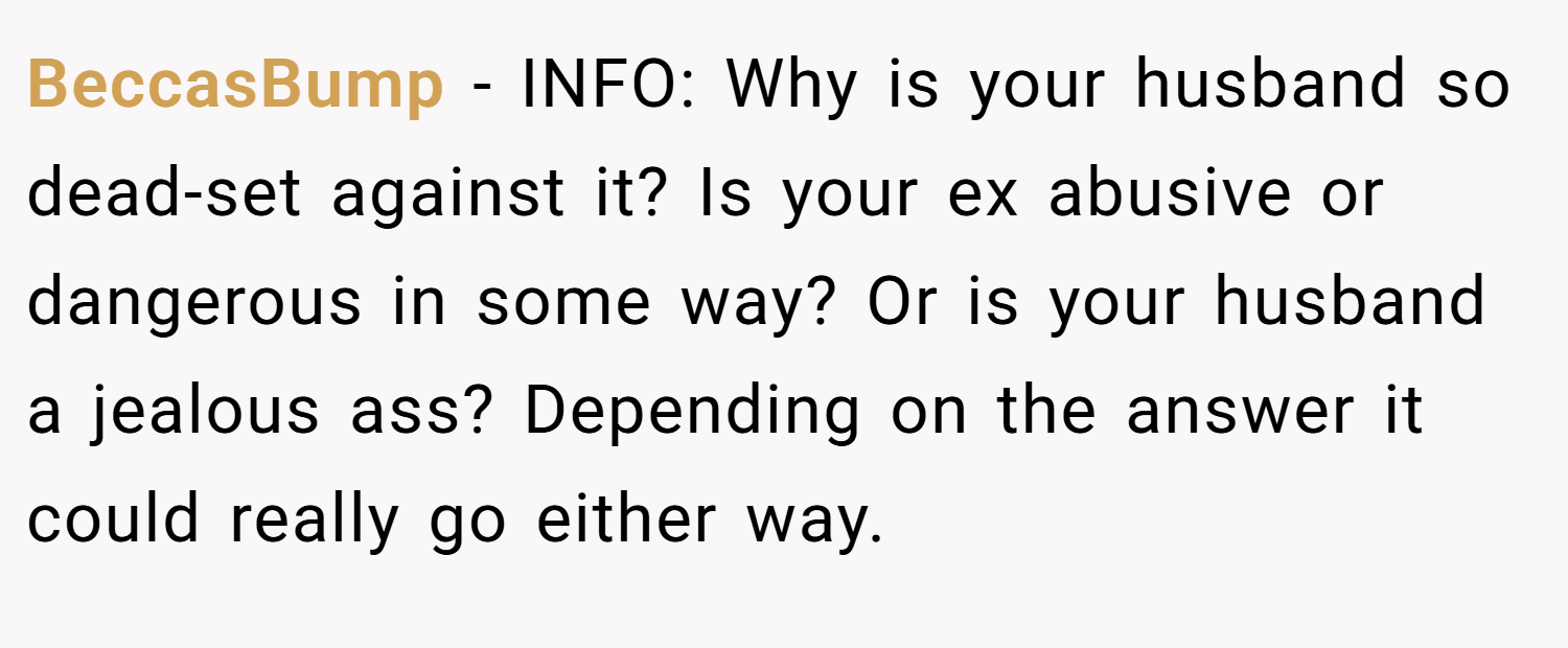 BeccasBump − INFO: Why is your husband so dead-set against it? Is your ex abusive or dangerous in some way? Or is your husband a jealous ass? Depending on the answer it could really go either way.