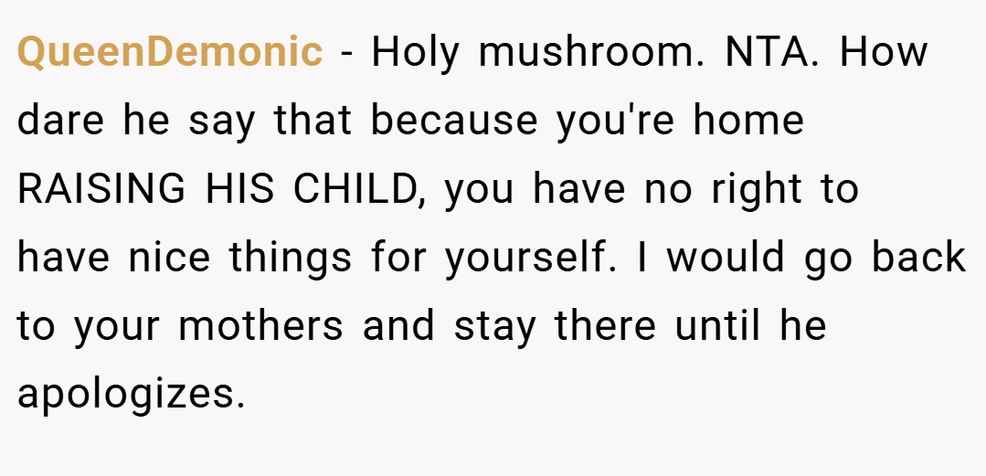 QueenDemonic − Holy mushroom. NTA. How dare he say that because you're home RAISING HIS CHILD, you have no right to have nice things for yourself. I would go back to your mothers and stay there until he apologizes.