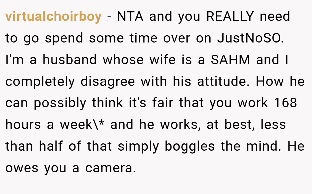 virtualchoirboy − NTA and you REALLY need to go spend some time over on JustNoSO. I'm a husband whose wife is a SAHM and I completely disagree with his attitude. How he can possibly think it's fair that you work 168 hours a week\* and he works, at best, less than half of that simply boggles the mind. He owes you a camera.