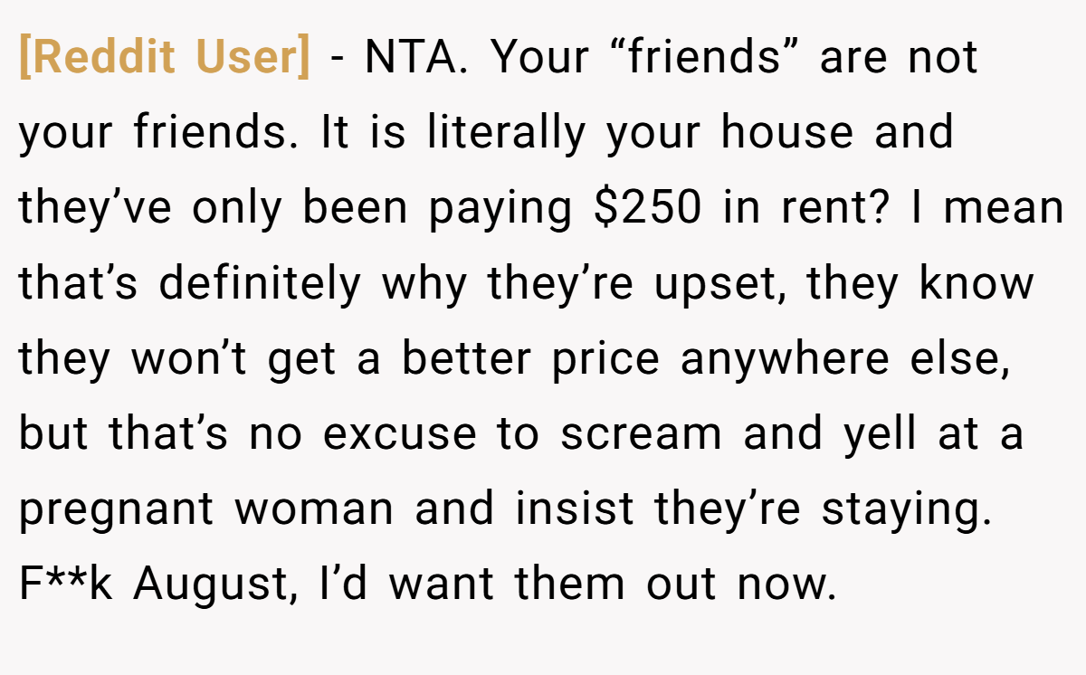 [Reddit User] - NTA. Your “friends” are not your friends. It is literally your house and they’ve only been paying $250 in rent? I mean that’s definitely why they’re upset, they know they won’t get a better price anywhere else, but that’s no excuse to scream and yell at a pregnant woman and insist they’re staying. F**k August, I’d want them out now.