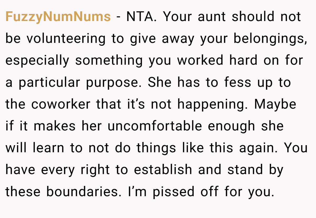 FuzzyNumNums - NTA. Your aunt should not be volunteering to give away your belongings, especially something you worked hard on for a particular purpose. She has to fess up to the coworker that it’s not happening. Maybe if it makes her uncomfortable enough she will learn to not do things like this again. You have every right to establish and stand by these boundaries. I’m pissed off for you.