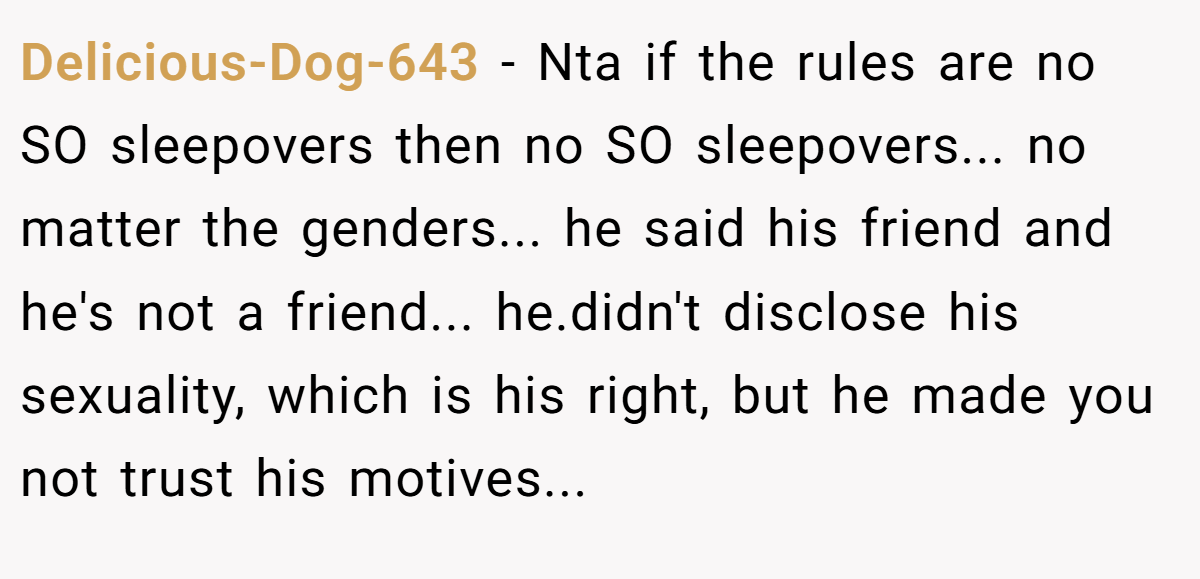 Delicious-Dog-643 - Nta if the rules are no SO sleepovers then no SO sleepovers... no matter the genders... he said his friend and he's not a friend... he.didn't disclose his sexuality, which is his right, but he made you not trust his motives...
