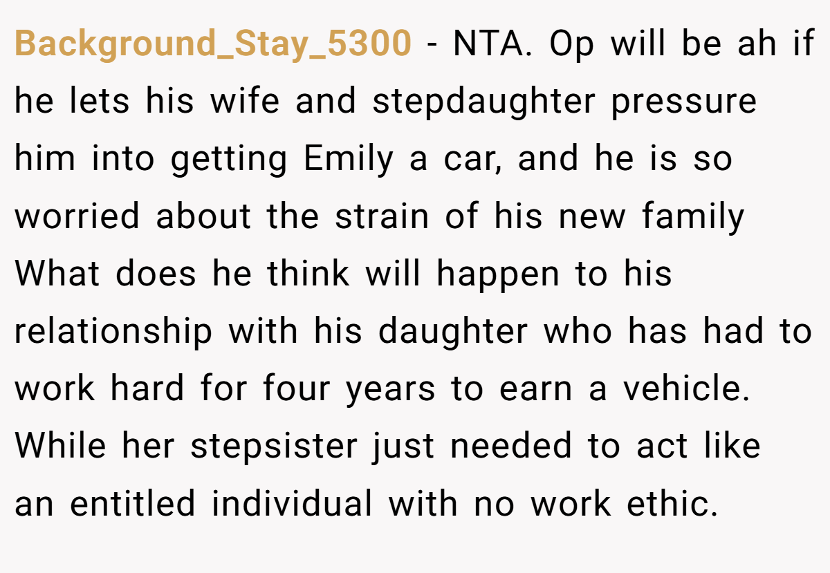 Background_Stay_5300 - NTA. Op will be ah if he lets his wife and stepdaughter pressure him into getting Emily a car, and he is so worried about the strain of his new family What does he think will happen to his relationship with his daughter who has had to work hard for four years to earn a vehicle. While her stepsister just needed to act like an entitled individual with no work ethic.