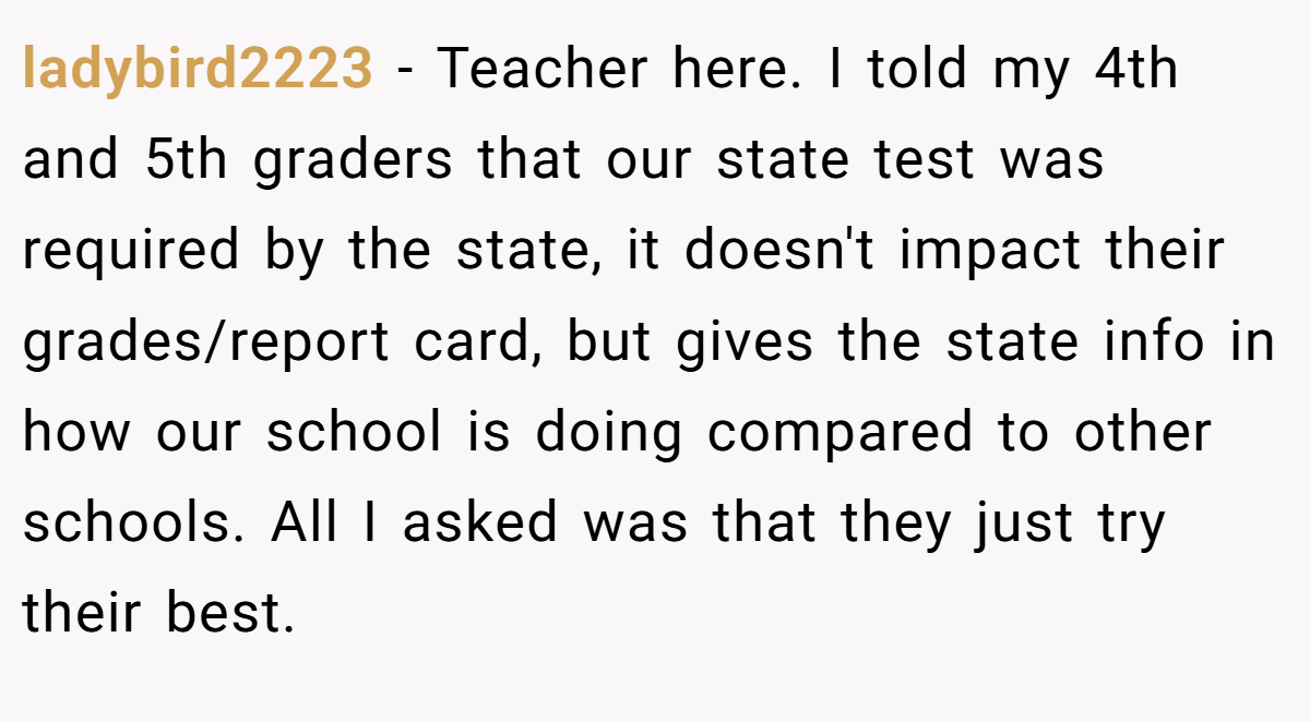 ladybird2223 - Teacher here. I told my 4th and 5th graders that our state test was required by the state, it doesn't impact their grades/report card, but gives the state info in how our school is doing compared to other schools. All I asked was that they just try their best.