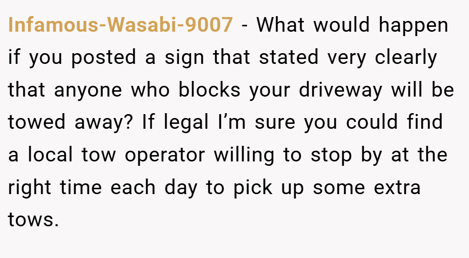 Infamous-Wasabi-9007 − What would happen if you posted a sign that stated very clearly that anyone who blocks your driveway will be towed away? If legal I’m sure you could find a local tow operator willing to stop by at the right time each day to pick up some extra tows.