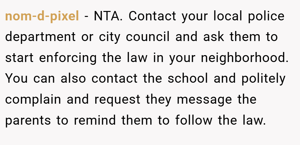 nom-d-pixel − NTA. Contact your local police department or city council and ask them to start enforcing the law in your neighborhood. You can also contact the school and politely complain and request they message the parents to remind them to follow the law.