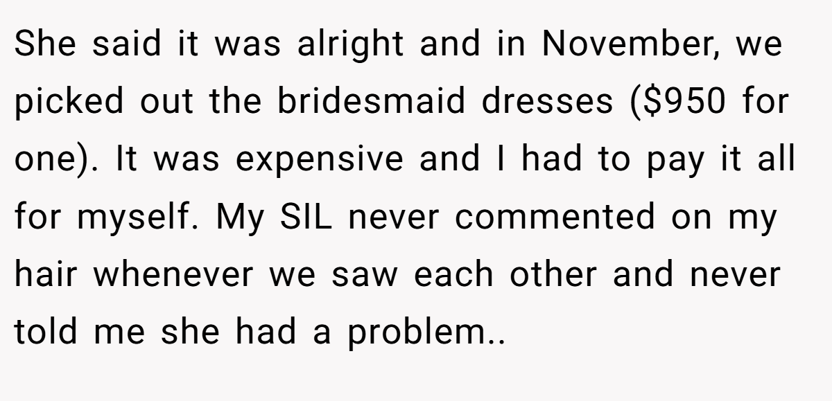She said it was alright and in November, we picked out the bridesmaid dresses ($950 for one). It was expensive and I had to pay it all for myself. My SIL never commented on my hair whenever we saw each other and never told me she had a problem..