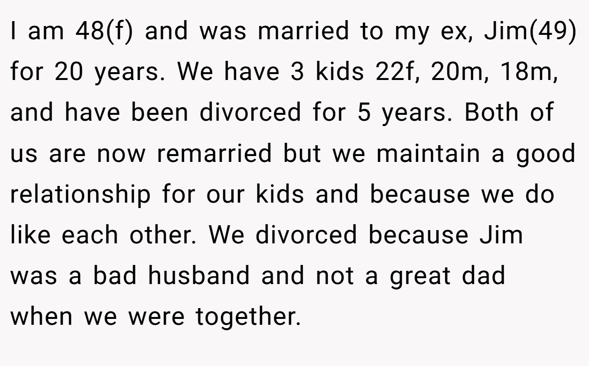 I am 48(f) and was married to my ex, Jim(49) for 20 years. We have 3 kids 22f, 20m, 18m, and have been divorced for 5 years. Both of us are now remarried but we maintain a good relationship for our kids and because we do like each other. We divorced because Jim was a bad husband and not a great dad when we were together.