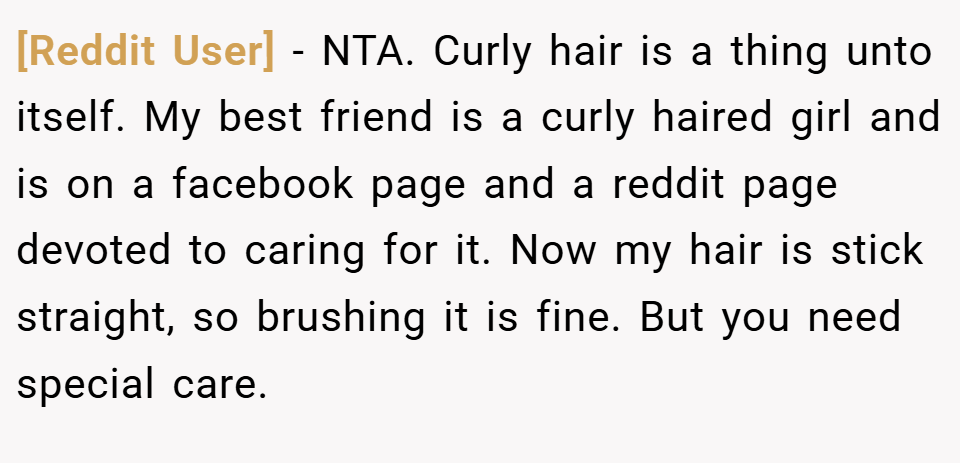 [Reddit User] − NTA. Curly hair is a thing unto itself. My best friend is a curly haired girl and is on a facebook page and a reddit page devoted to caring for it. Now my hair is stick straight, so brushing it is fine. But you need special care.