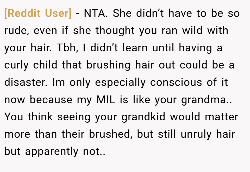 [Reddit User] − NTA. She didn’t have to be so rude, even if she thought you ran wild with your hair. Tbh, I didn’t learn until having a curly child that brushing hair out could be a disaster. Im only especially conscious of it now because my MIL is like your grandma.. You think seeing your grandkid would matter more than their brushed, but still unruly hair but apparently not..