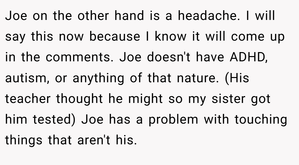 Joe on the other hand is a headache. I will say this now because I know it will come up in the comments. Joe doesn't have ADHD, autism, or anything of that nature. (His teacher thought he might so my sister got him tested) Joe has a problem with touching things that aren't his.