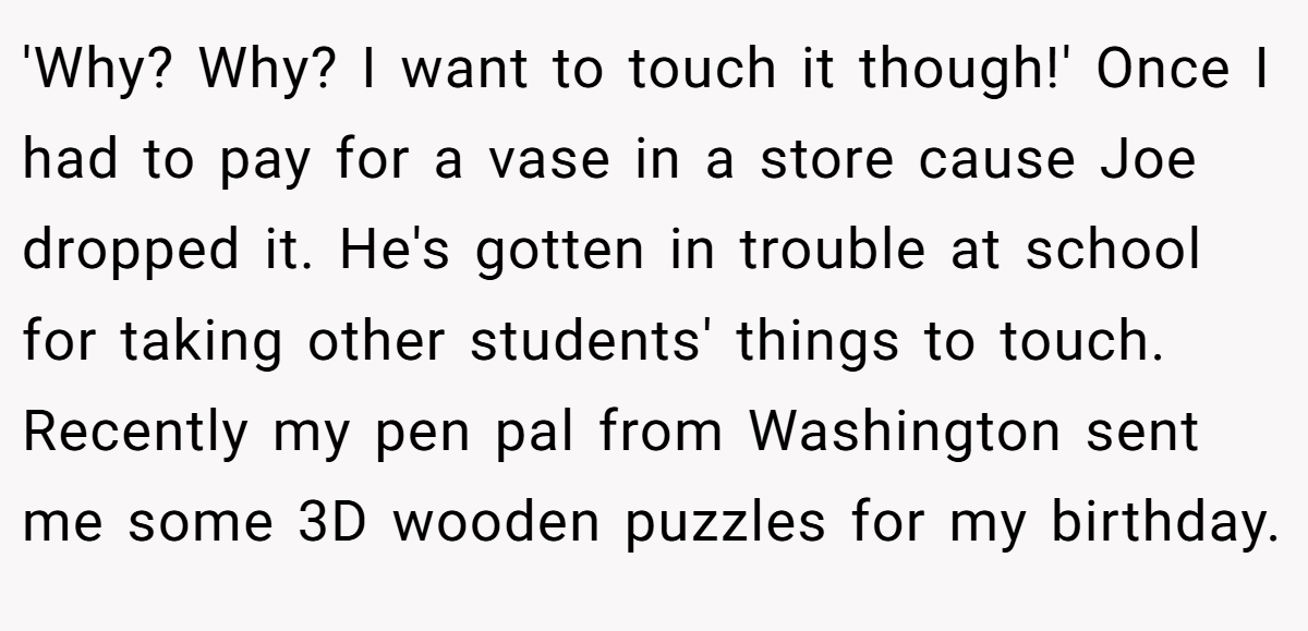 'Why? Why? I want to touch it though!' Once I had to pay for a vase in a store cause Joe dropped it. He's gotten in trouble at school for taking other students' things to touch. Recently my pen pal from Washington sent me some 3D wooden puzzles for my birthday.
