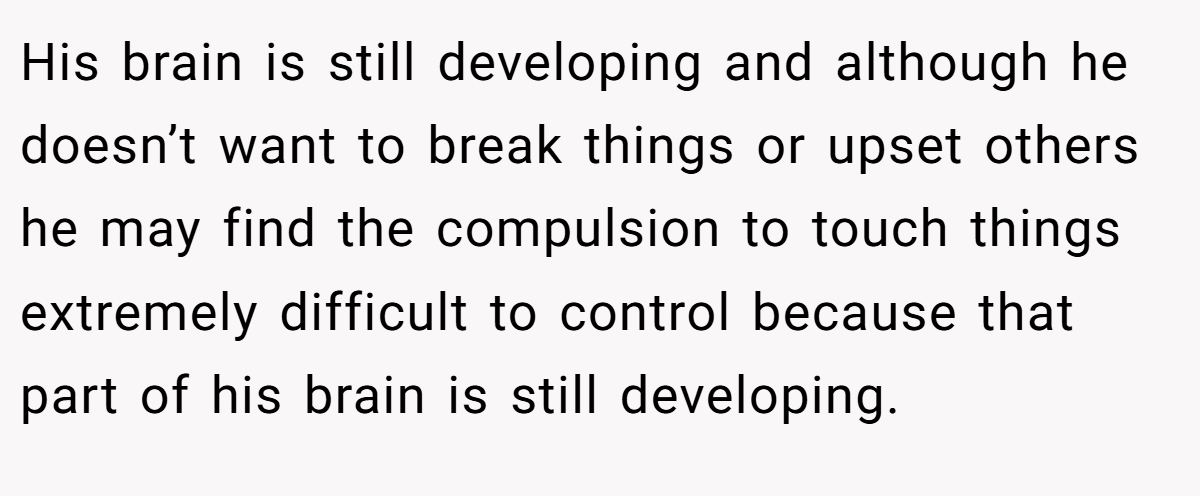 His brain is still developing and although he doesn’t want to break things or upset others he may find the compulsion to touch things extremely difficult to control because that part of his brain is still developing.