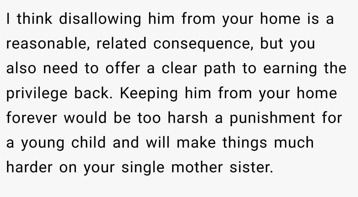 I think disallowing him from your home is a reasonable, related consequence, but you also need to offer a clear path to earning the privilege back. Keeping him from your home forever would be too harsh a punishment for a young child and will make things much harder on your single mother sister.