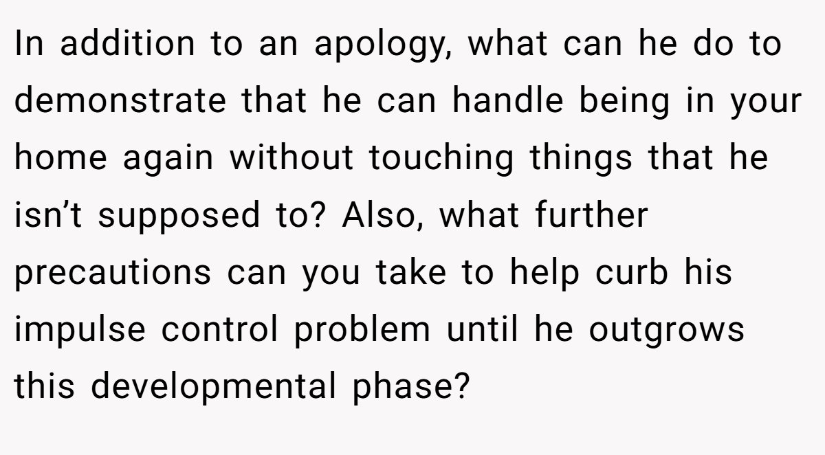 In addition to an apology, what can he do to demonstrate that he can handle being in your home again without touching things that he isn’t supposed to? Also, what further precautions can you take to help curb his impulse control problem until he outgrows this developmental phase?