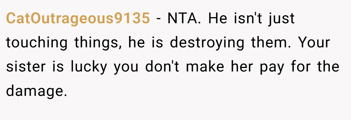 CatOutrageous9135 − NTA. He isn't just touching things, he is destroying them. Your sister is lucky you don't make her pay for the damage.