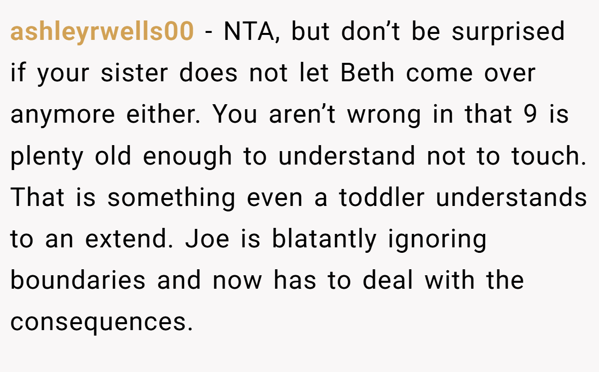 ashleyrwells00 − NTA, but don’t be surprised if your sister does not let Beth come over anymore either. You aren’t wrong in that 9 is plenty old enough to understand not to touch. That is something even a toddler understands to an extend. Joe is blatantly ignoring boundaries and now has to deal with the consequences.