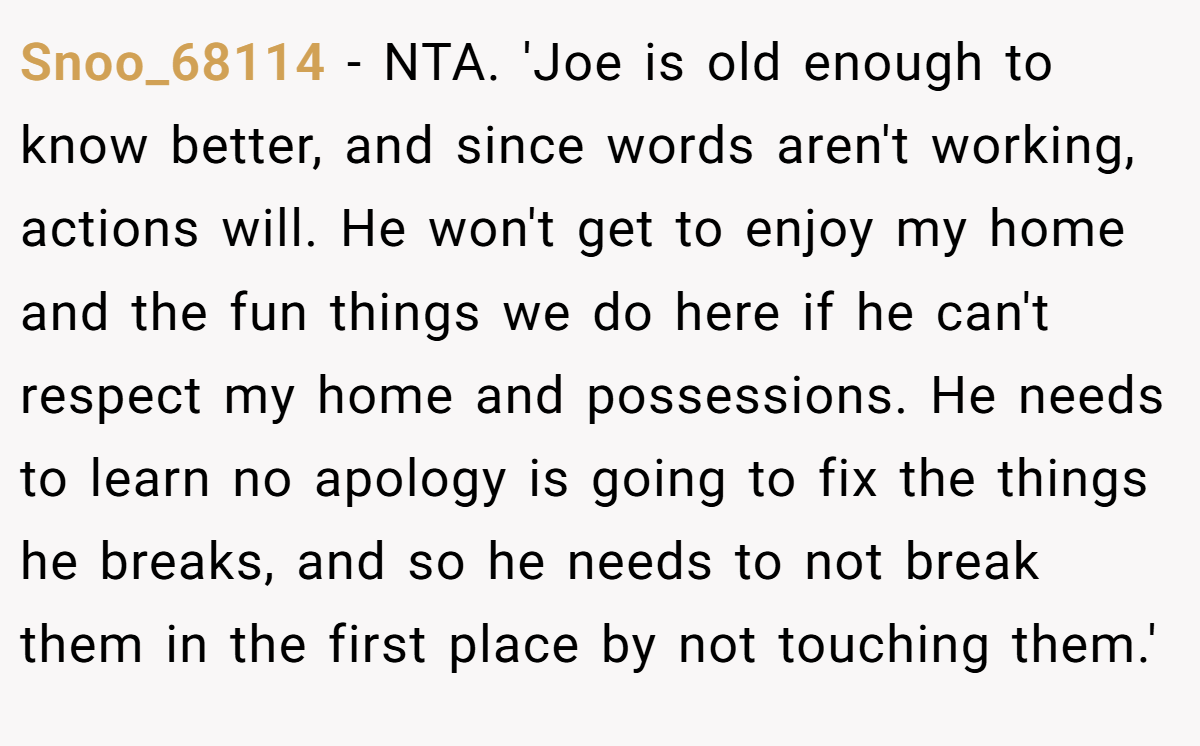 Snoo_68114 − NTA. 'Joe is old enough to know better, and since words aren't working, actions will. He won't get to enjoy my home and the fun things we do here if he can't respect my home and possessions. He needs to learn no apology is going to fix the things he breaks, and so he needs to not break them in the first place by not touching them.'