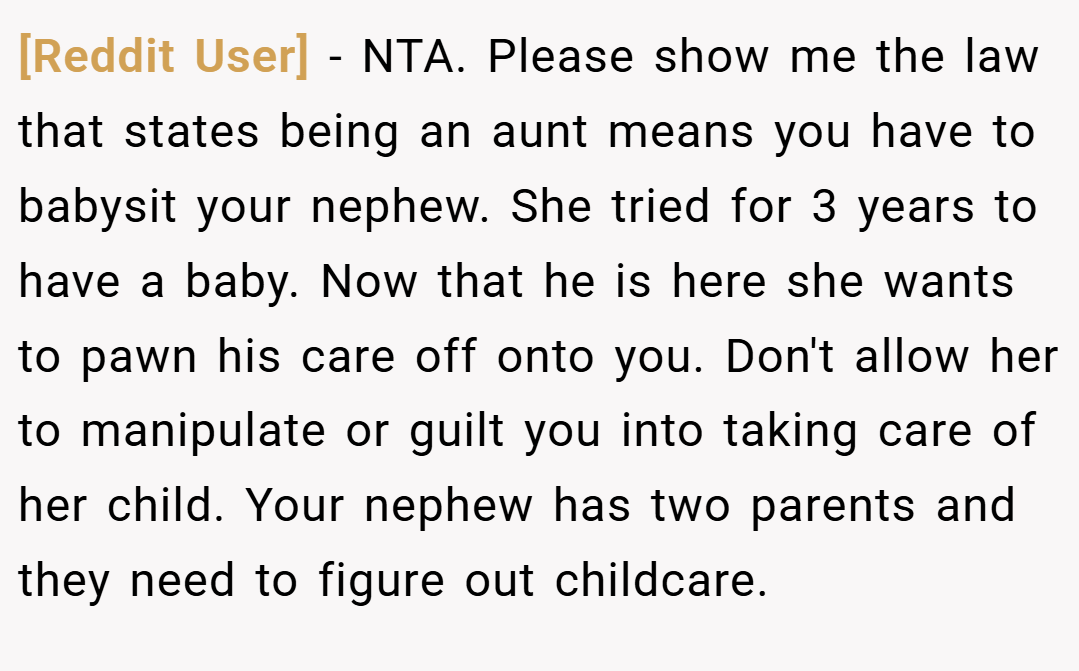 [Reddit User] − NTA. Please show me the law that states being an aunt means you have to babysit your nephew. She tried for 3 years to have a baby. Now that he is here she wants to pawn his care off onto you. Don't allow her to manipulate or guilt you into taking care of her child. Your nephew has two parents and they need to figure out childcare.
