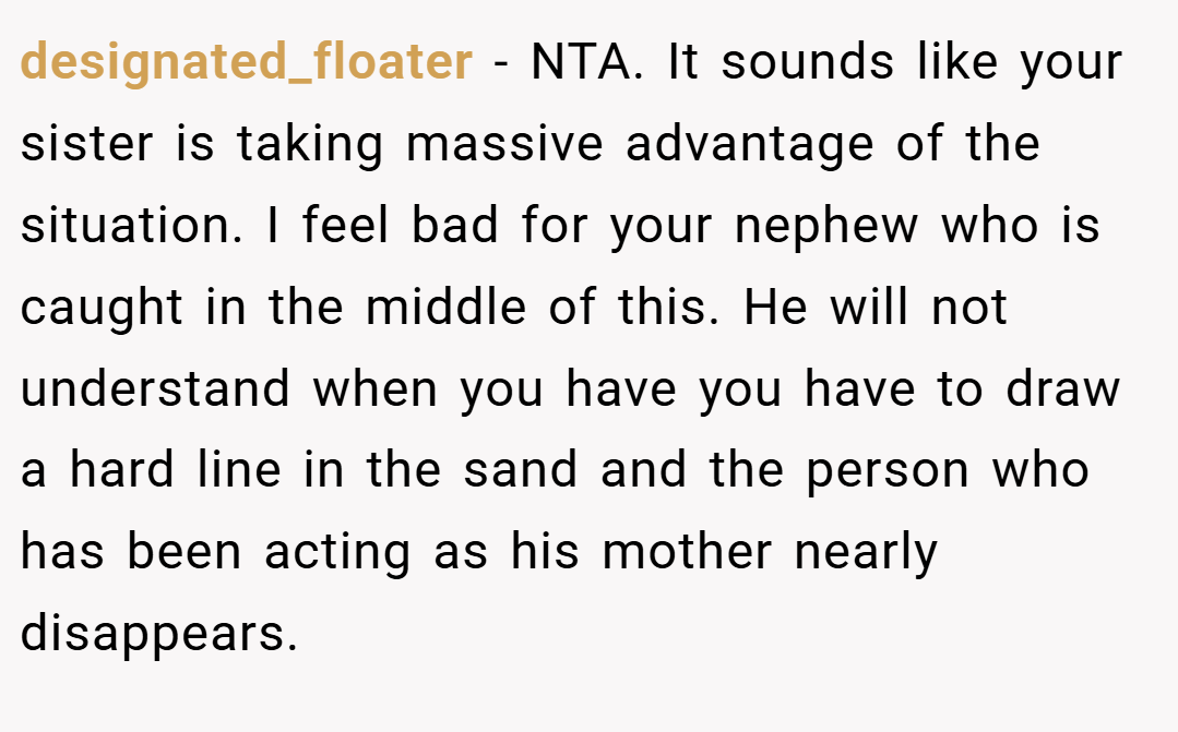 designated_floater − NTA. It sounds like your sister is taking massive advantage of the situation. I feel bad for your nephew who is caught in the middle of this. He will not understand when you have you have to draw a hard line in the sand and the person who has been acting as his mother nearly disappears.