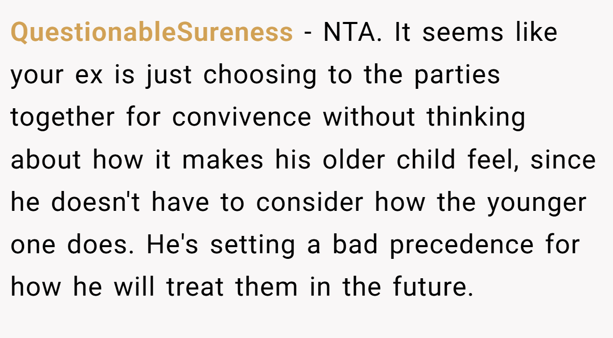 QuestionableSureness - NTA. It seems like your ex is just choosing to the parties together for convivence without thinking about how it makes his older child feel, since he doesn't have to consider how the younger one does. He's setting a bad precedence for how he will treat them in the future.