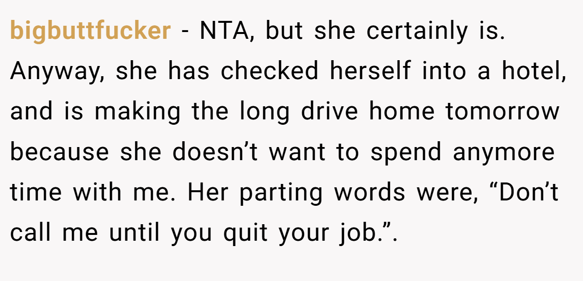 bigbuttfucker - NTA, but she certainly is. Anyway, she has checked herself into a hotel, and is making the long drive home tomorrow because she doesn’t want to spend anymore time with me. Her parting words were, “Don’t call me until you quit your job.”.