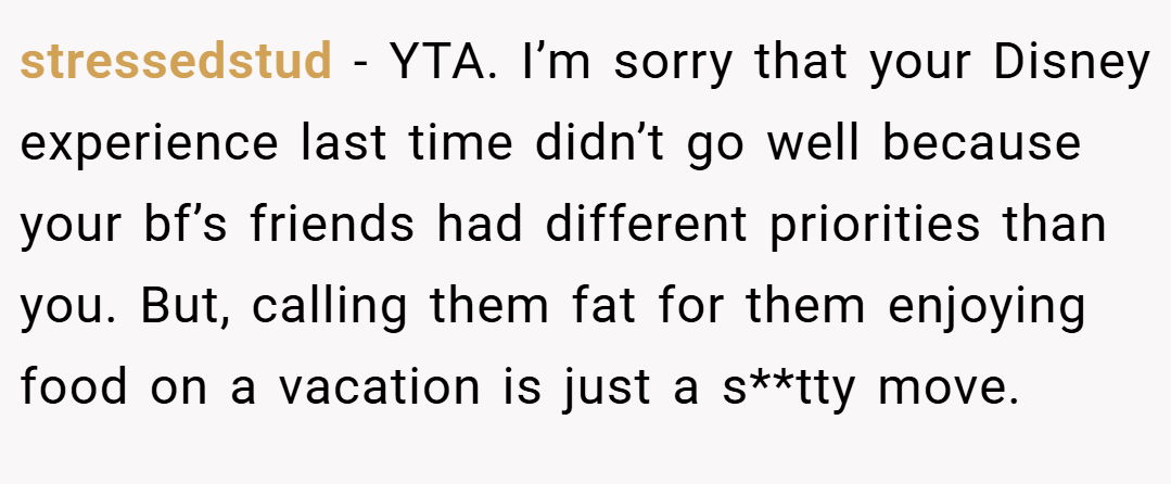 stressedstud − YTA. I’m sorry that your Disney experience last time didn’t go well because your bf’s friends had different priorities than you. But, calling them fat for them enjoying food on a vacation is just a s**tty move.