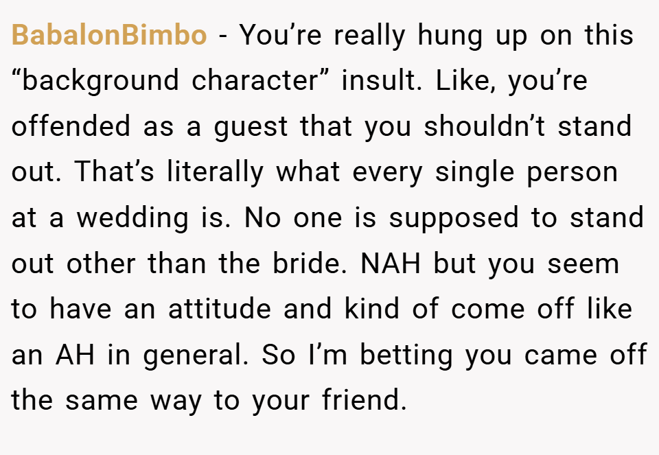 BabalonBimbo − You’re really hung up on this “background character” insult. Like, you’re offended as a guest that you shouldn’t stand out. That’s literally what every single person at a wedding is. No one is supposed to stand out other than the bride. NAH but you seem to have an attitude and kind of come off like an AH in general. So I’m betting you came off the same way to your friend.