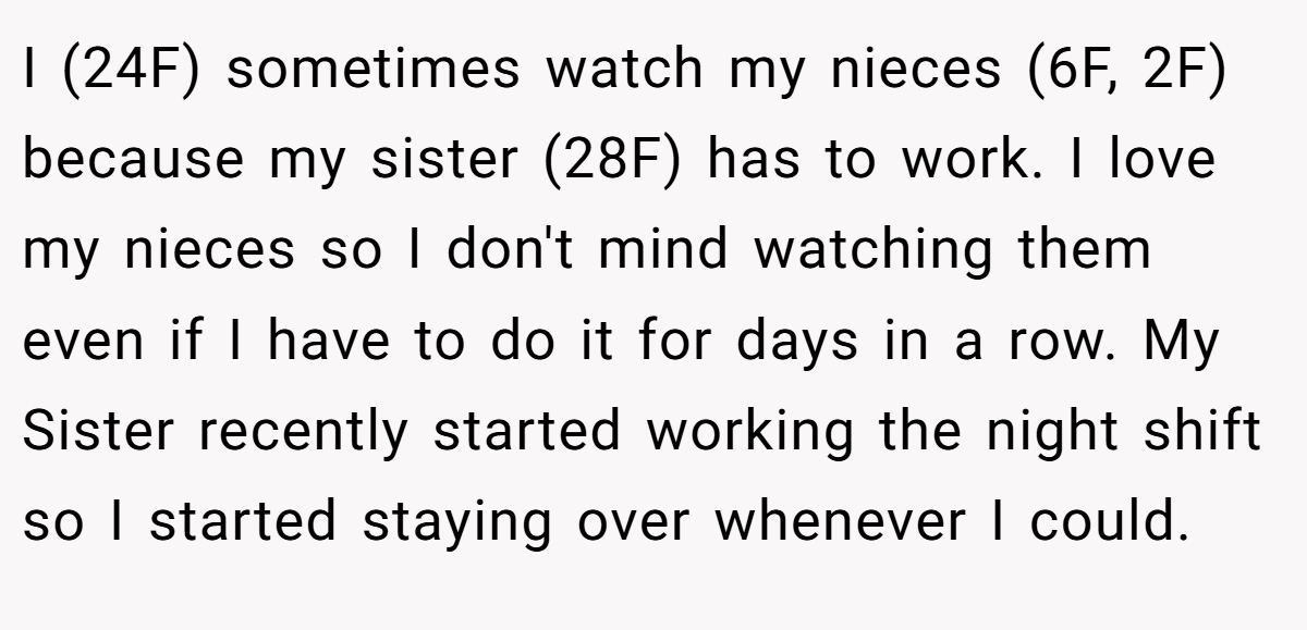 I (24F) sometimes watch my nieces (6F, 2F) because my sister (28F) has to work. I love my nieces so I don't mind watching them even if I have to do it for days in a row. My Sister recently started working the night shift so I started staying over whenever I could.