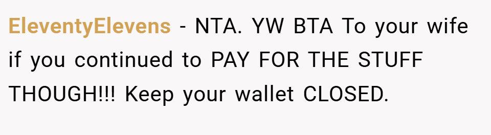 EleventyElevens − NTA. YW BTA To your wife if you continued to PAY FOR THE STUFF THOUGH!!! Keep your wallet CLOSED.