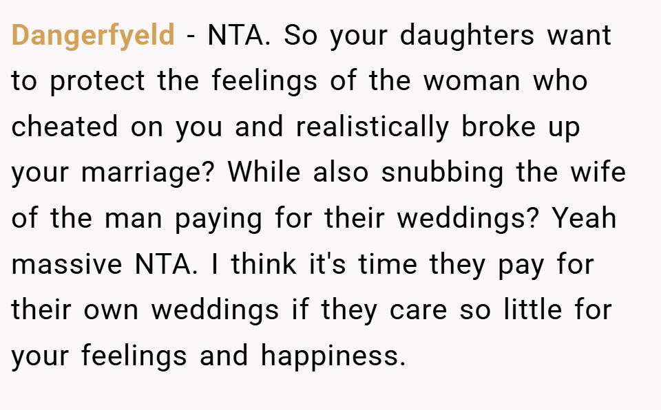 Dangerfyeld − NTA. So your daughters want to protect the feelings of the woman who cheated on you and realistically broke up your marriage? While also snubbing the wife of the man paying for their weddings? Yeah massive NTA. I think it's time they pay for their own weddings if they care so little for your feelings and happiness.