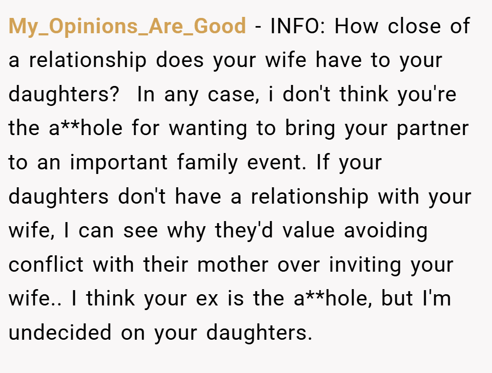 My_Opinions_Are_Good − INFO: How close of a relationship does your wife have to your daughters?  In any case, i don't think you're the a**hole for wanting to bring your partner to an important family event. If your daughters don't have a relationship with your wife, I can see why they'd value avoiding conflict with their mother over inviting your wife.. I think your ex is the a**hole, but I'm undecided on your daughters.