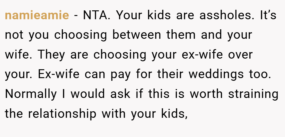 namieamie − NTA. Your kids are assholes. It’s not you choosing between them and your wife. They are choosing your ex-wife over your. Ex-wife can pay for their weddings too. Normally I would ask if this is worth straining the relationship with your kids,