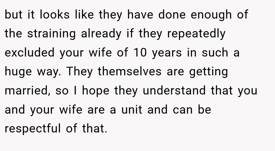but it looks like they have done enough of the straining already if they repeatedly excluded your wife of 10 years in such a huge way. They themselves are getting married, so I hope they understand that you and your wife are a unit and can be respectful of that.