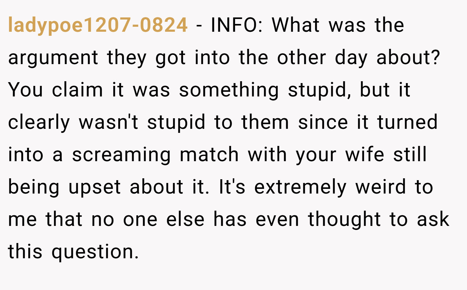 ladypoe1207-0824 − INFO: What was the argument they got into the other day about? You claim it was something stupid, but it clearly wasn't stupid to them since it turned into a screaming match with your wife still being upset about it. It's extremely weird to me that no one else has even thought to ask this question.