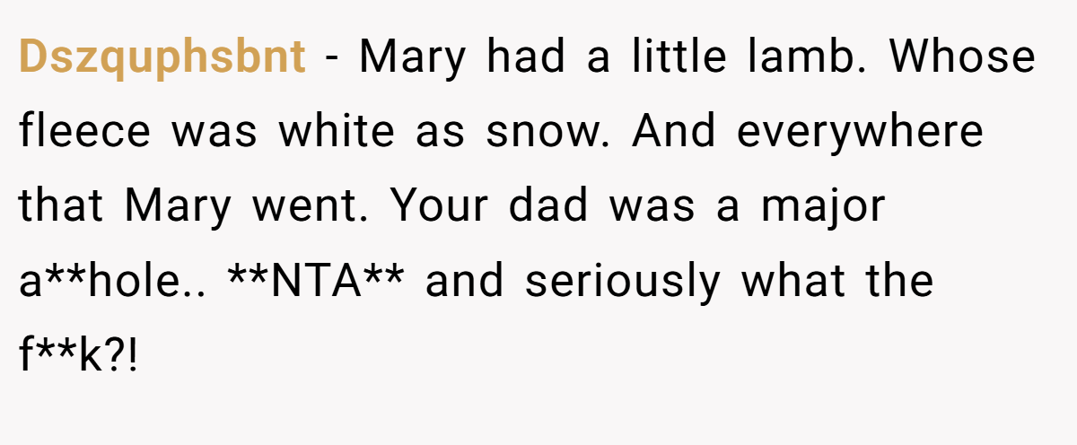 Dszquphsbnt − Mary had a little lamb. Whose fleece was white as snow. And everywhere that Mary went. Your dad was a major a**hole.. **NTA** and seriously what the f**k?!