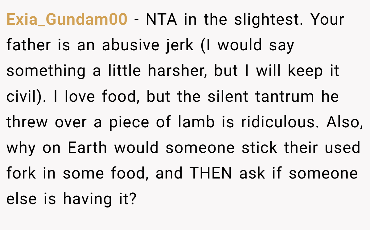 Exia_Gundam00 − NTA in the slightest. Your father is an abusive jerk (I would say something a little harsher, but I will keep it civil). I love food, but the silent tantrum he threw over a piece of lamb is ridiculous. Also, why on Earth would someone stick their used fork in some food, and THEN ask if someone else is having it?