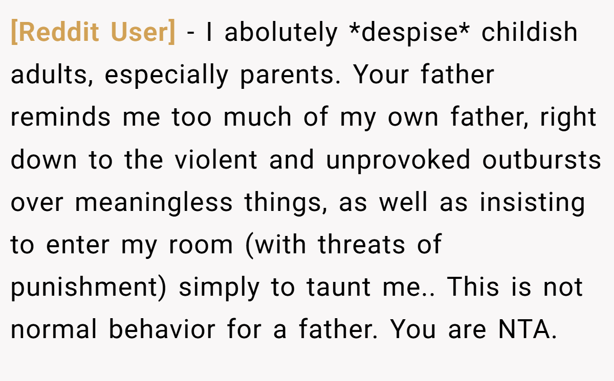 [Reddit User] − I abolutely *despise* childish adults, especially parents. Your father reminds me too much of my own father, right down to the violent and unprovoked outbursts over meaningless things, as well as insisting to enter my room (with threats of punishment) simply to taunt me.. This is not normal behavior for a father. You are NTA.
