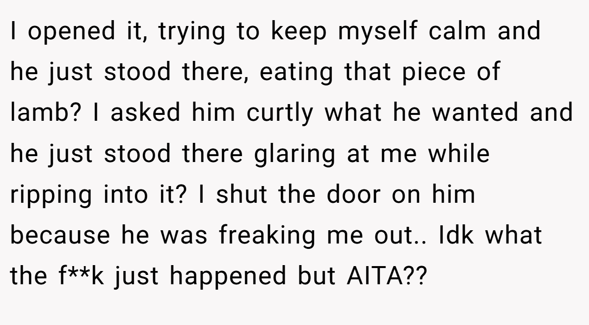 I opened it, trying to keep myself calm and he just stood there, eating that piece of lamb? I asked him curtly what he wanted and he just stood there glaring at me while ripping into it? I shut the door on him because he was freaking me out.. Idk what the f**k just happened but AITA??
