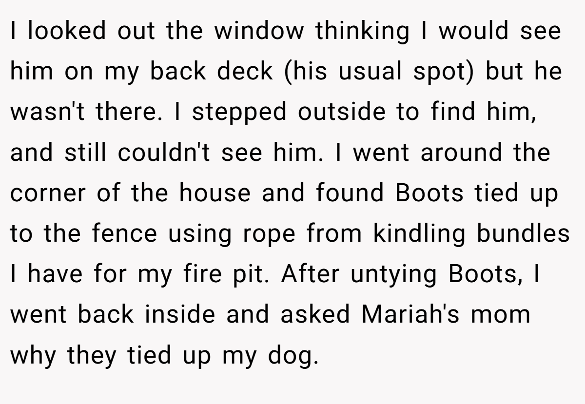 I looked out the window thinking I would see him on my back deck (his usual spot) but he wasn't there. I stepped outside to find him, and still couldn't see him. I went around the corner of the house and found Boots tied up to the fence using rope from kindling bundles I have for my fire pit. After untying Boots, I went back inside and asked Mariah's mom why they tied up my dog.