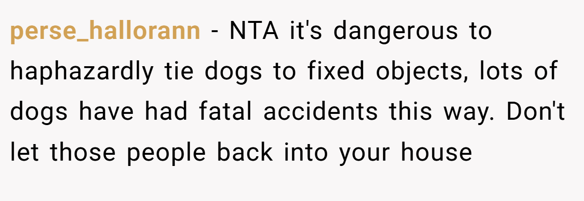 perse_hallorann - NTA it's dangerous to haphazardly tie dogs to fixed objects, lots of dogs have had fatal accidents this way. Don't let those people back into your house