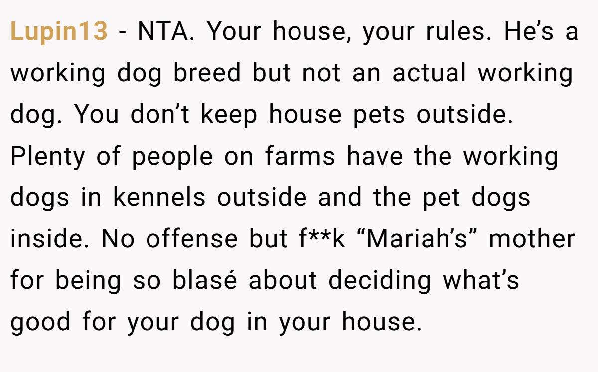 Lupin13 - NTA. Your house, your rules. He’s a working dog breed but not an actual working dog. You don’t keep house pets outside. Plenty of people on farms have the working dogs in kennels outside and the pet dogs inside. No offense but f**k “Mariah’s” mother for being so blasé about deciding what’s good for your dog in your house.