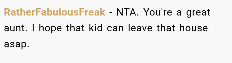 RatherFabulousFreak − NTA. You're a great aunt. I hope that kid can leave that house asap.