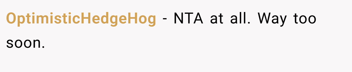 OptimisticHedgeHog - NTA at all. Way too soon.