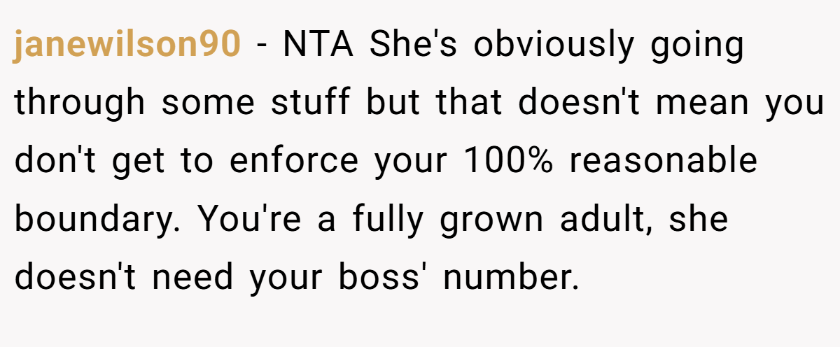 janewilson90 − NTA She's obviously going through some stuff but that doesn't mean you don't get to enforce your 100% reasonable boundary. You're a fully grown adult, she doesn't need your boss' number.